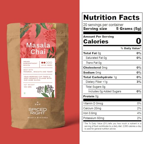 Image of Spiced Right Chai Masala Powder for Tea 100gm - Tea Masala with All Natural Ingredients, No Preservatives, Immunity Booster with Aromatic Spices like Dried Ginger, Cloves, Cinnamon, and More.