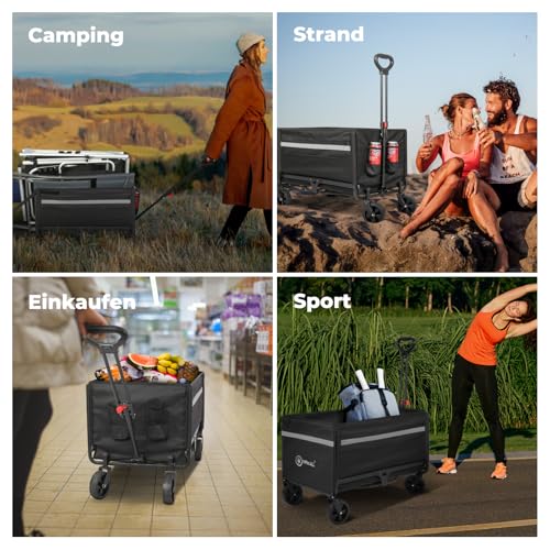 Bollerwagen faltbar 120L+ Bis 150KG Strandwagen Klappbar mit Heckklappe Regenschutz,Becherhalter, Reflektorstreifen, Faltbarer Bollerwagen Für Hunde,Einkaufen,Camping,Strand,Transport,Outdoor
