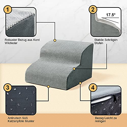 A.FATI Hundetreppe für Kleine Hunde | 2 Stufen Hunderampe aus hochdichtem Schaumstoff für Couch|Sofa, rutschfeste Haustiertreppe 30cm Hoch - mit Hundespielzeug Seil (grau)