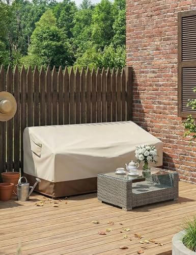 Image of Vailge 2-Seater Heavy Duty Patio Deep Bench Loveseat Cover, 100% Waterproof Outdoor Deep Sofa Cover, Lawn Patio Furniture Covers with Air Vent, Small (Deep), Beige & Brown