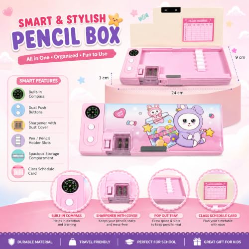 Image of ZAFCO Magnetic Pencil Box for Kids with Pop-Up Tray Built-in Compass Sharpener Spacious Storage Plastic Pencil Case for Boys Girls School Students- Pack of 1 (Pink)