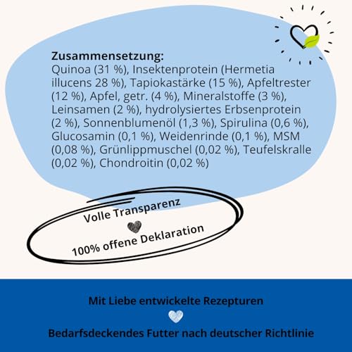 BugBell 800g Hundefutter trocken getreidefrei, zur Knochen & Gelenkunterstützung, bei Arthrose, Patellaluxation, mit Grünlippmuschel & Spirulina & Weidenrinde & Teufelskralle