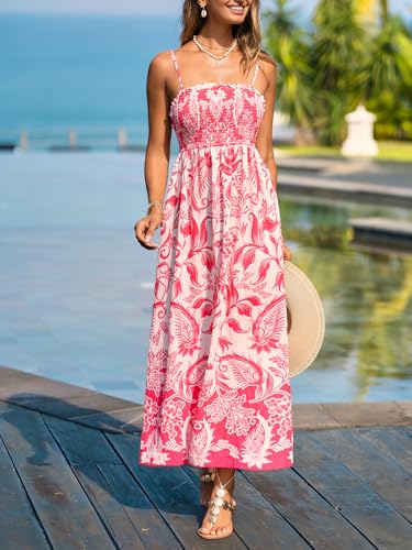 Image of CUPSHE Women's Floral Maxi Dress Spaghetti Strap Summer Boho Beach Dress Smocked Sundress Casual Vacation Flowy Long Dress
