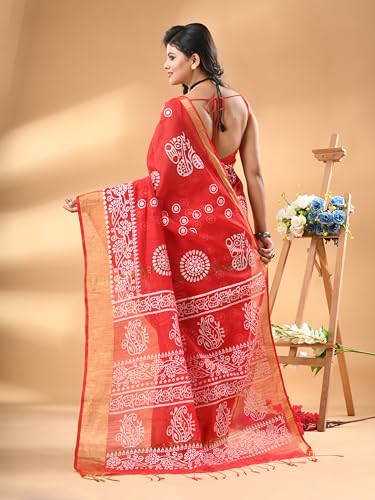 Image of WoodenTant Women's Linen Slab Cotton Blend Block Print Saree with Blouse Piece | Traditional Soft Saree (6.5m Length, 1.2m Width)