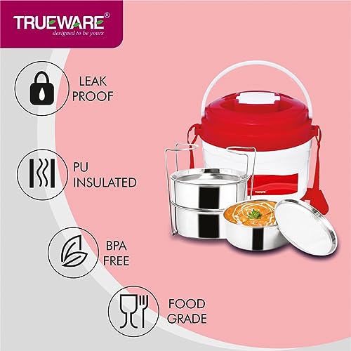 Image of Trueware Marina 3 Lunch Box with 3 Steel Container, 300 ml X 3 Red | PU Insulated | Tiffin | Hot Lunch Box | Leak Proof | Easy to Carry |Food Grade | BPA Free | Office | Outdoors | for Men Women