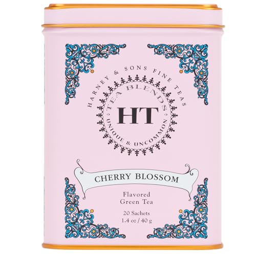 Image of Harney & Sons HT Cherry Blossom Green Tea, 20 Sachets in Tin | Green tea with delicate cherry blossom and vanilla flavors inspired by Japan's sakura season. Contains caffeine.