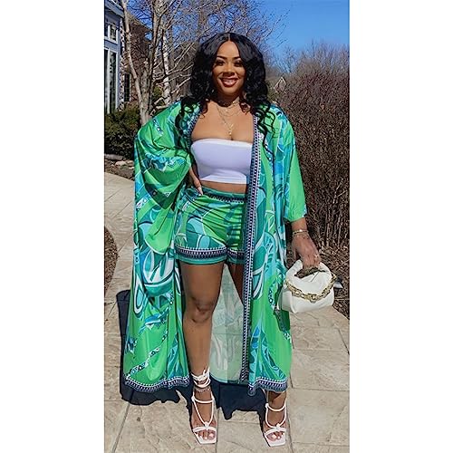 Image of QegarTop Kimono Shorts Set for Women Two Piece Summer Vacation Outfits Flowy Beach Cover up Duster