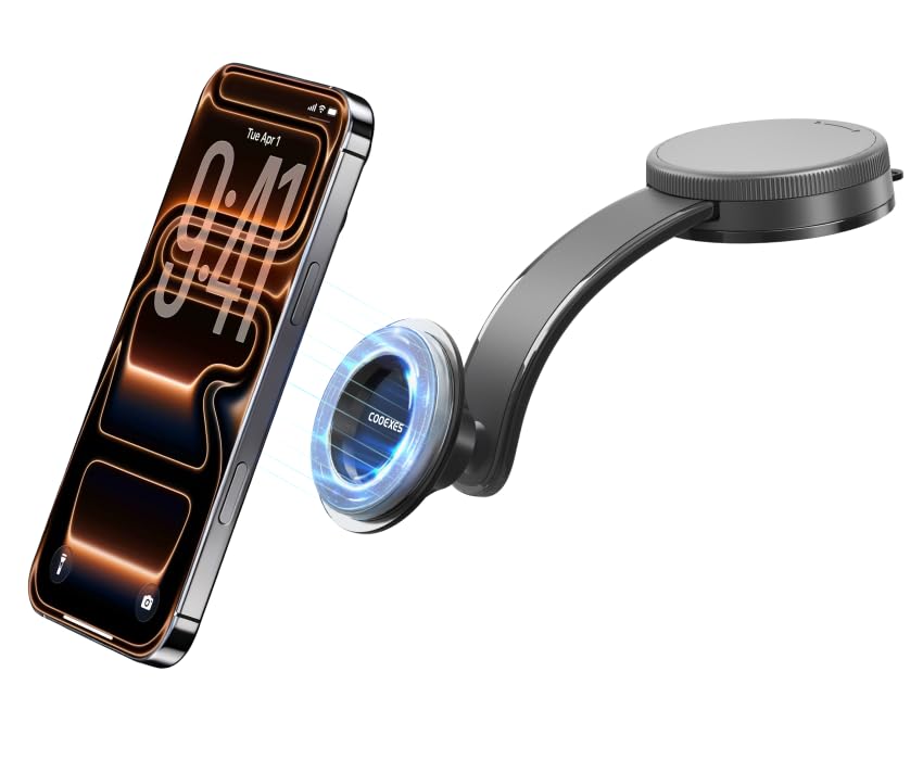 COOEXES for MagSafe Phone Holder for Car, Magnetic Car Mount with 360°Rotation Vacuum Suction Cup Car Mount for Car - 108LBS,Memory Alloy Bendable Arm, Car Accessories for iPhone 17/16/15