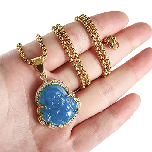 P.BLAKE Laughing Buddha Buddah Necklaces For Women Men, Ice Out Buddha Pendant For Men Women with Stainless Steel Gold Chain 24 inches