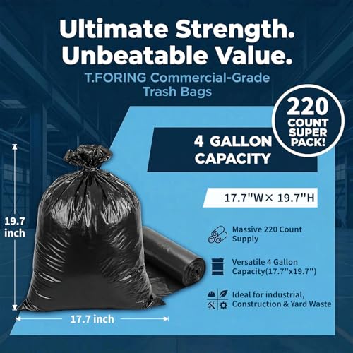 Image of Small Trash Bags 4 Gallon Heavy Duty, 0.94 Mil, Black, 220 Count | 15 Liter Garbage Bag, Plastic Waste Basket Can Liners, Unscented, Leakproof, Tear Resistant, for Bathroom Office Car Bulk