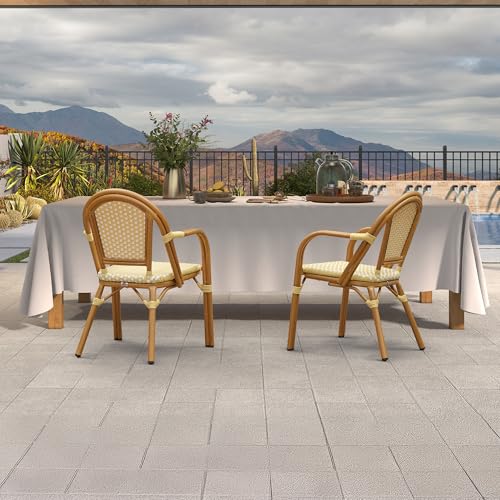 Image of PURPLE LEAF French Wicker Bistro Armchairs Set of 4, Bamboo Finish, Yellow