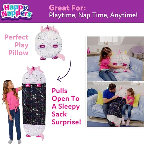 happy nappers pillow amp sleepy sack- comfy cozy compact super soft warm all season sleeping bag with pillow- medium 54 x 20 shimmer unicorn