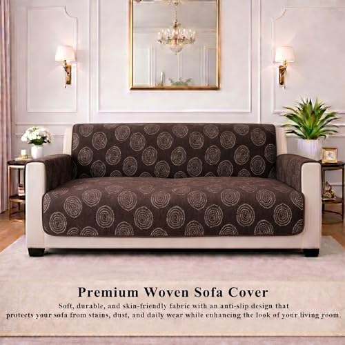 Image of STITCHNEST 'Opulence Series' Floral Woven Sofa Cover for 2 Seater | Premium Soft Fabric Sofa Protector | Brown Circular Pattern with Tassel Edge Finish | Durable Living Room Furniture Cover