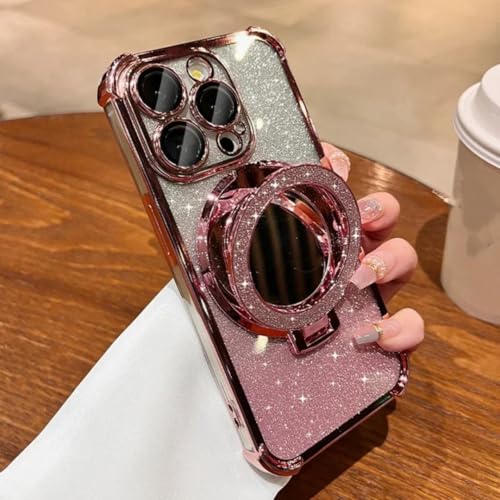 Coque de Luxe iPhone 16 Pro Rose Pailletée avec Support Airbag et Chargement sans Fil MagSafe