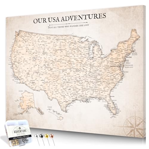 Image of IPIC - Vintage USA Map Pin Board Canvas Wall Art, Travel Map with Pins Included, Ready to Hang for Home or Office 30x24 Inch