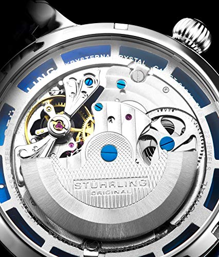 Stührling Original Mens Watch Stainless Steel Automatic, Silver Skeleton Dial, Dual Time, AM/PM Sun Moon, Stainless Steel Bracelet, 371B Watches for Men Series