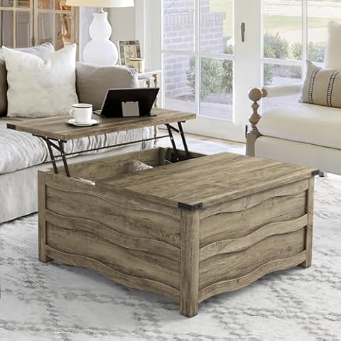 Cozyman 35.6" Lift Top Coffee Table with Storage, Farmhouse Coffee Table for Living Room with Large Hidden Storage Compartment, Wood Square Coffee Tables with Flexible Hinged Lift Top, Grayish Brown Cover