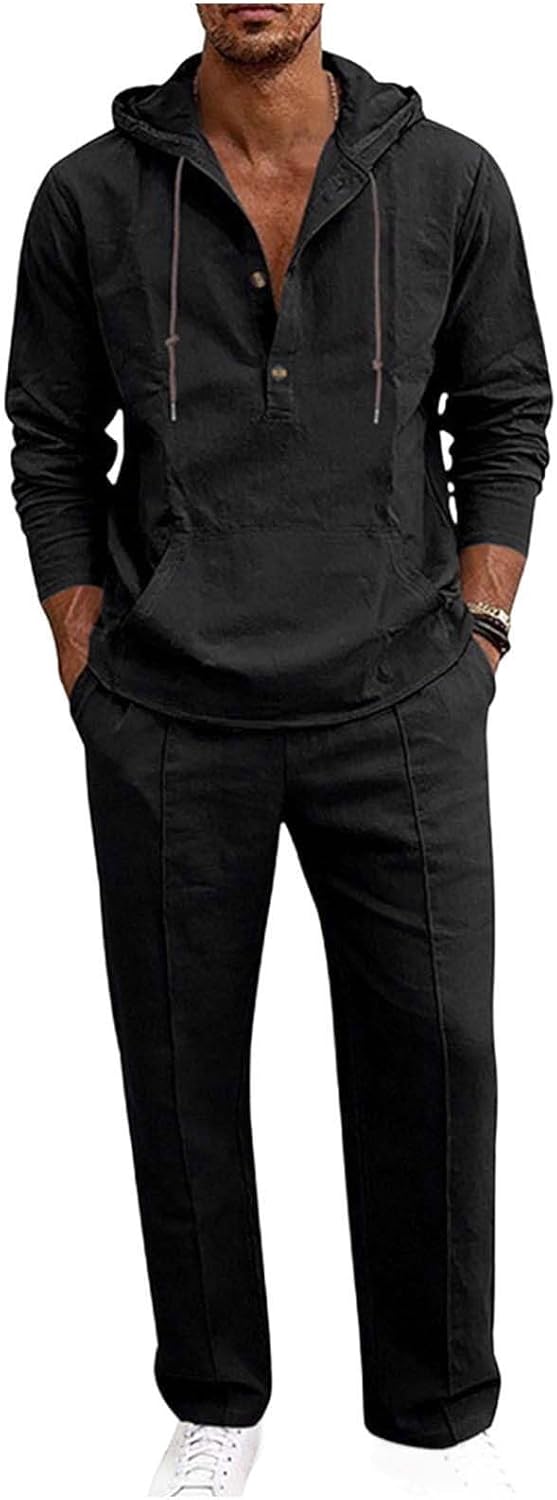 Cambkatl Men's Linen Suits Pullover Casual Long Sleeve Hoodies Henley Shirts Beach Yoga Pants Summer Vacation Outfits