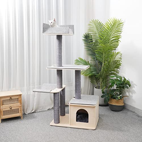 Agile 59" Modern Real Pine Plywood Cat Tree Condo Tower With Natural Sisal Scratching Climbing Posts And Napping Hammock (Loki) #TOP3