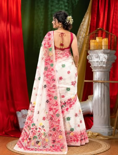 BASANA SAREE KUTHIR Women's White Jamdani Saree WHITE & RED - Image 3
