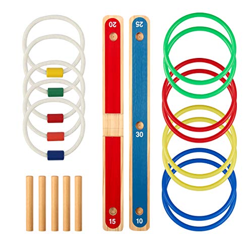 Quoits Garden Games Set, UlifeME Hoopla Ring Toss Game for Kids and Adults, 5 Pcs Wooden Rope Quoits + 8 Pcs Colourful Plastic Rings Throw Kit for Indoor & Outdoor Two Forms Quoits Playing, Bag Packed