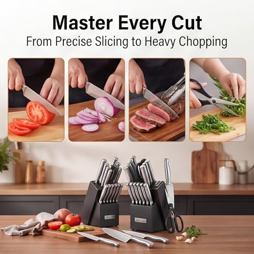 Image of McCook Knife Sets, German Stainless Steel Knife Block Sets with Built-in Sharpener, 15 Piece Chef Knife and More, Razor Sharp, Restaurant Grade, Anti-Rust, Elegant Box for Gift