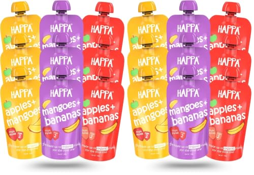 Image of Happa Organic Baby Food Puree | 100% Fruits | No Added Sugar, No Milk Powder, No Preservatives | Stage 2 (6 Months+) | Ready to Eat | Free from Common Allergens | Pack of 18 (100g Each)