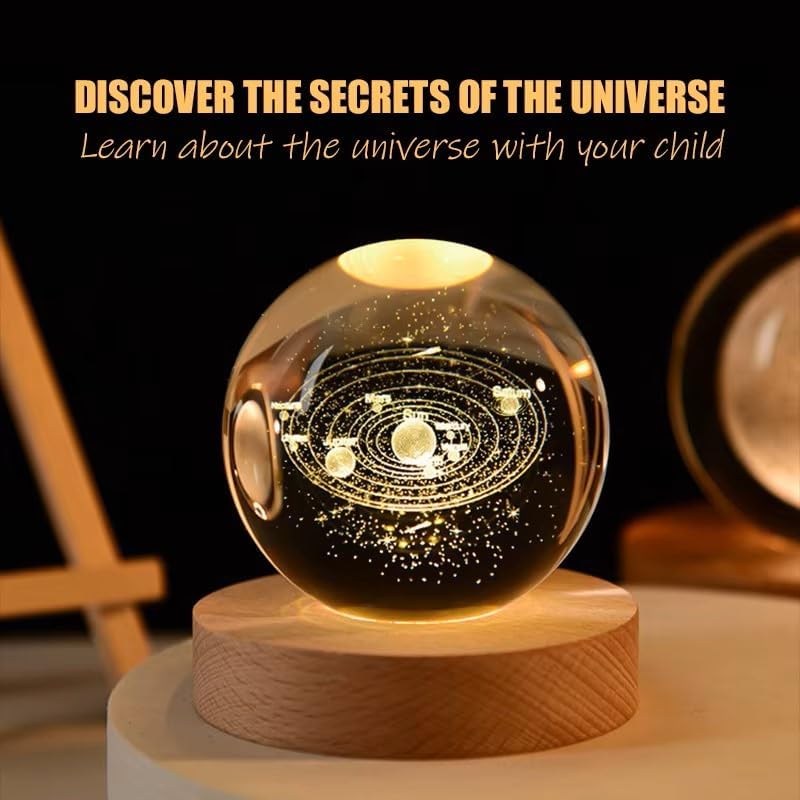 Image of Crystal Ball Lamp with Wooden LED Base | Engraved 3D Moon & Stars Night Light | USB Rechargeable Home Decor | Birthday Gift for Teens, Boys & Girls (3D Galaxy Style Lamp)