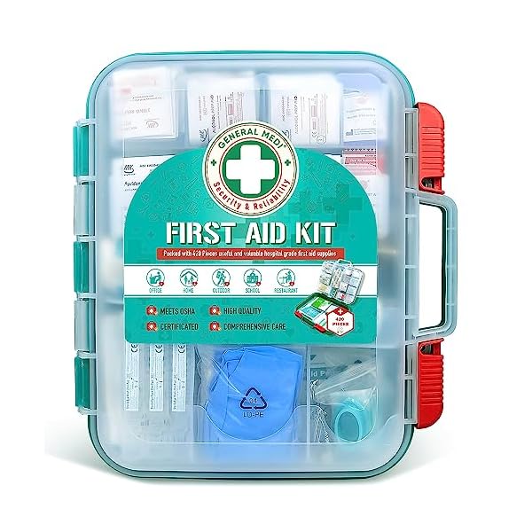 General Medi 420 Pieces Professional First Aid Kit - HardCase First Aid Box - Contains Premium Medical Supplies for Travel, Home, Office, Vehicle, Camping, Workplace & Outdoor