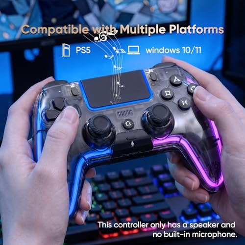 Image of BETMI Wireless Controller for PS5, Pro /Slim /MAC /Steam Deck /PC, Hall Effect Joysticks,Dual Vibration, Marco /Turbo, 3.5mm Audio Jack, 6-Axis Gyro, Mute, Bluetooth LED Gamepad with Speaker(9 Colors Single & Dual-Color LED, L Blue R Pink, Transparent)