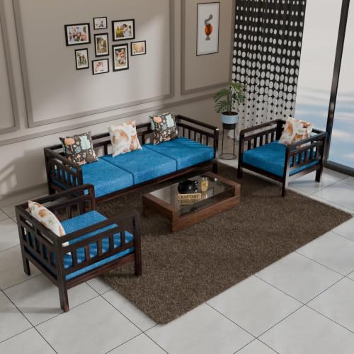Image of Solid Sheesham Wood 5 Seater Sofa Set Without Centre Table for Living Room | Wooden 3+1+1 Five Seater Sofa Set with 5 Cushions | Modern Sofa Set for Home, Office & Lounge| Blue, Walnut Finish