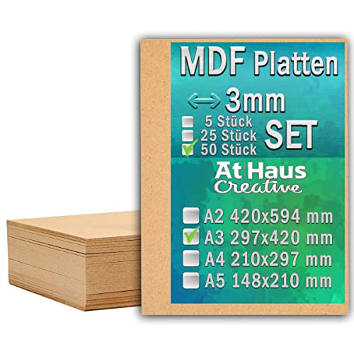 AtHaus Juego de 50 placas de madera de densidad media A3 de 420 x 297 mm, 3 mm, corte fino, para manualidades, pintura, modelado, grabado, perfecto para láser, enrutador CNC