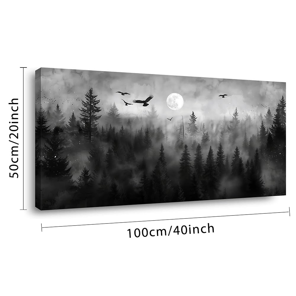 ZESTRILIA Forest Wall Art Black & White Moon Night Retro Canvas Prints Modern Rustic Paintings Nordic Artwork Landscape Picture for Country Farmhouse Living Room Bedroom Home Office Décor (20x40inch)