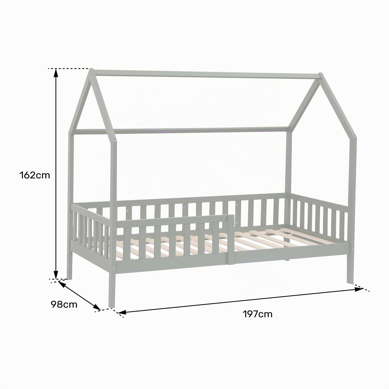 Happy Garden Cama de 190 x 90 cm, Color Blanco Martillo, Marco de Cama de Madera Maciza de Pino con somier de láminas, barrotes de Seguridad y Cama Nido