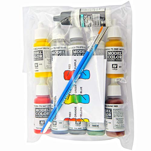 10 pinturas acrílicas de color modelo Vallejo y imprimación blanca y 2 pinceles PSK-M Cover