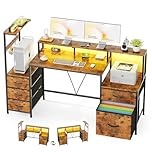 MUTUN 160cm Computer Desk with Printer Stand and Storage Shelves, Reversible Home Office Desk with Fabric Drawers and Monitor Shelf, Writing Work Desk for Bedroom Living Room Study, Brown