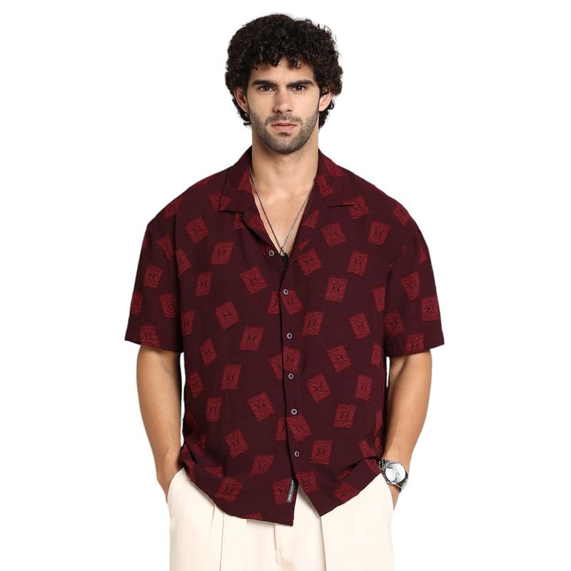 Image of CAHOOT Men's Oversized Shirt for Casual Wear | Cuban Collar | Short Regular Sleeves | Button Closure | Oversized Shirt Crafted with Comfort Fit for Everyday Wear