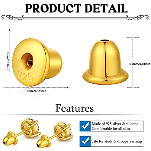 Moconar Safety Screw Earring Backs Replacement For Diamond Studs 2 Pairs Can Be Poke Or Not(Gold),14K Gold Plated 925 Sterling Silver Screw On Earring Backings For Threaded Post 0.031"/0.8Mm #TOP4