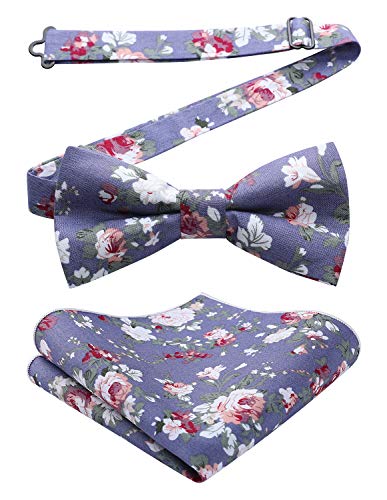 HISDERN Pre-Tie Floral Cotton Bow Tie Pocket Sqaure Men's Bowties Pocket Square Set Blue/Pink