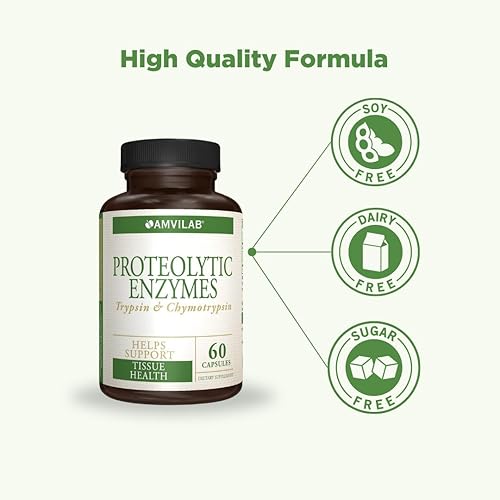 Miniatura 6 de AMVILAB Enzimas proteolíticas tripsina y quimotripsina, suplemento de enzimas proteolíticas, apoya la salud de los tejidos, reduce el edema y la