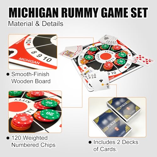 Juego de Mesa Michigan Rummy en Madera, combinación de Rummy, Poker y Juegos de Cartas, incluye 120 fichas numeradas, 2 barajas de cartas y bolsa de almacenamiento, ideal para noches familiares de juegos miniatura 3