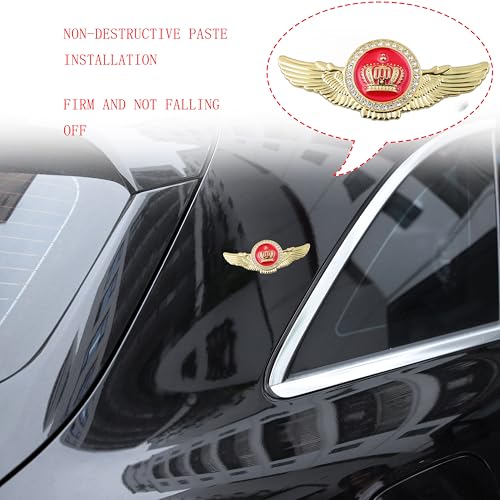 Image of 2PCS Wing Circular Crown Emblems,Crystal Diamond Crown Car Stickers Decals Decoration for All Car (Gold Red)