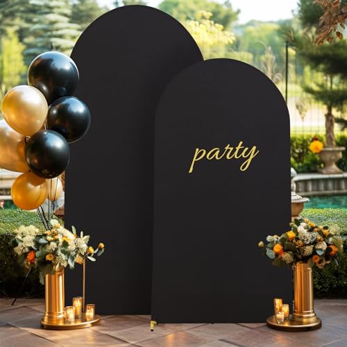 Image of Black Arch Backdrop Cover 7.2FT Spandex Fitted Wedding Arch Stand Covers Round Top Chiara Arch Covers Stretchy Backdrop for Birthday Party Ceremony Banquet Decoration