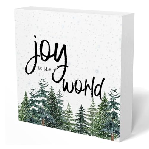 UNCDLV Joy Christmas Trees Wooden Box Sign Gift for Women Men, Farmhouse Christmas Xmas Decorations for Home Office Desk Table Shelf Tabletop Decor, 5x5 Inch