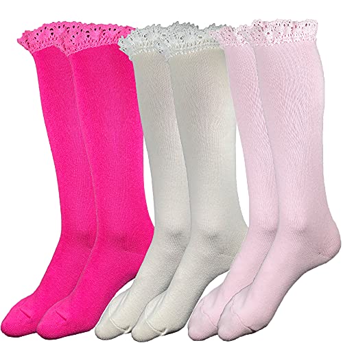 juDanzy Baby and Girls Knee High Lace Top Socks (12-24 Months, Hot Pink, Cream, and Light Pink)