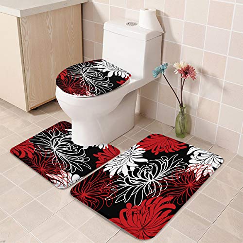 LALADecor 3-teiliges Badteppich-Set Badematte, Konturmatte, Deckelbezug Chrysanthemen Blume Rot Schwarz Weiß Weiche… – Bild 4