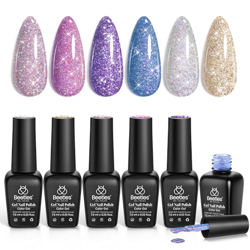 Image of Beetles Reflective Glitter Gel Nail Polish Kit Gel Polish 6 Colors Holographic Sparkle Flash Dimond Sliver Gold Soak Off UV LED Manicure Gift for Women Girls Midnight Sparkling