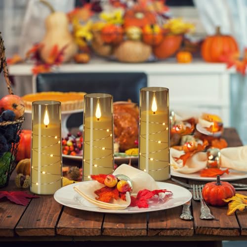 Image of Flameless Candles with Remote Timer, Embedded String Lights, Battery Operated LED Pillar Candles, Unbreakable Plexiglass, Set of 3, Black, 2.3 inch x 6 inch