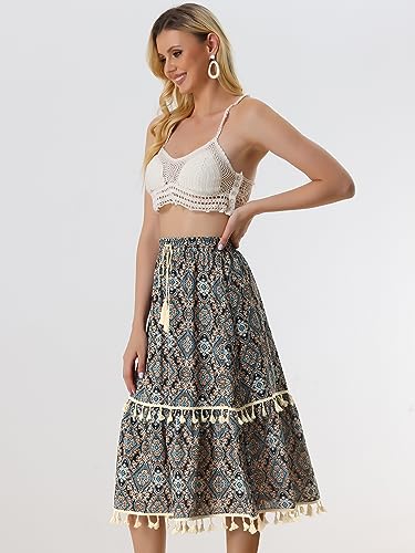 Allegra K Women's Tiered Midi Skirts Elastic Waist Tassel Fringe Boho Skirt3