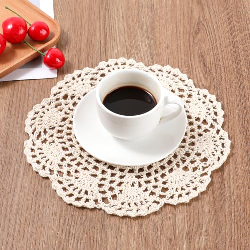 4 Stück Gestickte Tischläufer Vintage Häkel Deckchen Beige Spitzendeckchen Rund Baumwolle Spitze Tischsets 20 cm Gestrickte Tischdecke Kleine Häkeln Handgemacht Untersetzer für Küche Esszimmer,20cm